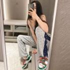 Smile-print Colorblock Wide-leg Pants Gray - One Size