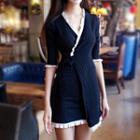 Contrast Trim Elbow-sleeve Wrap Front Knit Dress