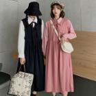 Long-sleeve Shirt / Double Breasted A-line Midi Pinafore Dress