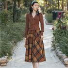 Set: Double-breasted Knit Top + Plaid Midi A-line Skirt