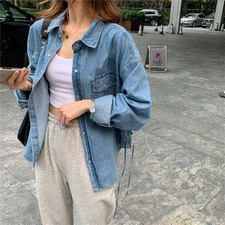 Plain Cropped Tank Top / Sweatpants / Tie-side Denim Jacket