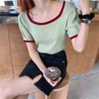 Short-sleeve Rib Knit Top / Slit Mini Pencil Denim Skirt