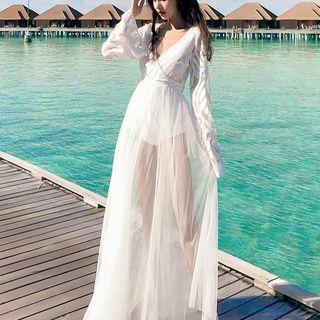 Long-sleeve Patterned Mesh Overlay Swimsuit