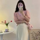 Puff-sleeve V-neck Lace Cut-out Shirt