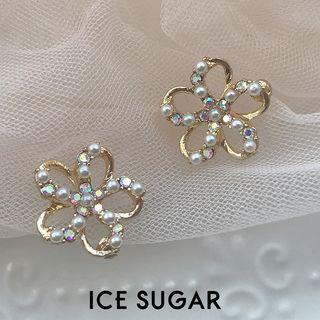 Faux Pearl Rhinestone Flower Stud Earring