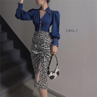 Denim Blouse / Leopard Print Midi Skirt