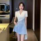 Set: Short-sleeve V-neck Embellished Mini Dress + Shorts