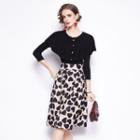 Set: 3/4-sleeve Knit Top + Print Skirt