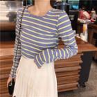 Frilled Trim Long-sleeve Striped Top
