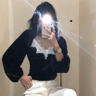 Long-sleeve Lace Velvet Slim-fit Blouse