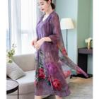 Set: Sleeveless Floral-print A-line Dress + 3/4-sleeve Light Jacket