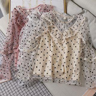 Mock Two-piece Long-sleeve Dotted Top