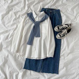 Long-sleeve Tie Neck Plain Shirt White - One Size