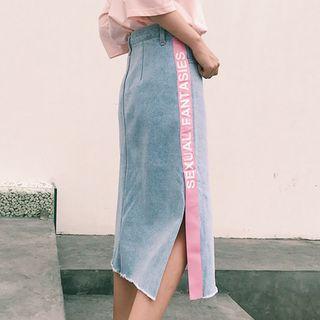 Lettering Trim Midi Denim Skirt