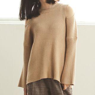 Cutout Rib-knit Sweater Khaki - One Size
