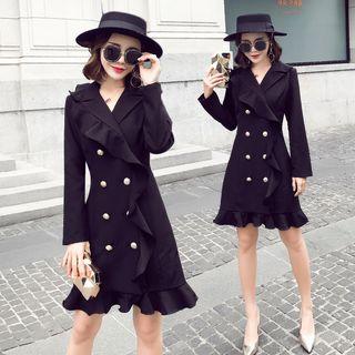 Double-breasted Frill Plain Slim Sheath Dress