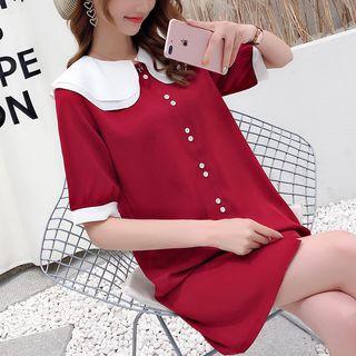 Collared Short-sleeve Linen Dress