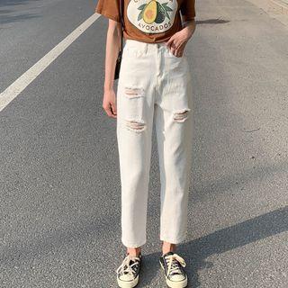 High-waist Denim Ripped Straight-cut Jeans