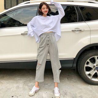 Long-sleeve Cropped Top / Ripped Harem Pants