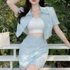 Set: Short-sleeve Cropped Jacket + Mini Pencil Skirt