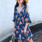 Elbow-sleeve Cold-shoulder Floral Print Mini A-line Dress