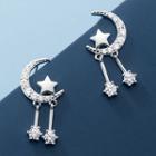 925 Sterling Silver Rhinestone Moon And Star Drop Earring 1 Pair - Silver - One Size