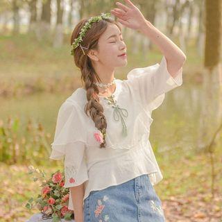 Leaf Embroidered Elbow Sleeve Blouse