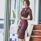 Ruffled 3/4-sleeve Sheath Lace Dress
