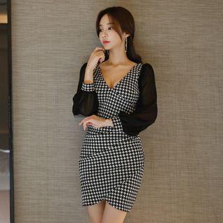Long-sleeve Mesh Panel Mini Houndstooth Sheath Dress