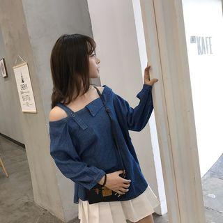 Open Shoulder Long-sleeve Denim Top