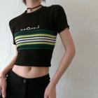 Short-sleeve Striped Crop T-shirt Stripes - Black & Green - One Size
