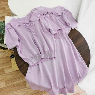 Lace Trim Collared Short-sleeve Knit Top / A-line Dress