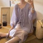 Balloon-sleeve Tie-front Jacket / Spaghetti-strap Midi A-line Dress
