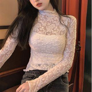 Turtle-neck Lace Top White - One Size