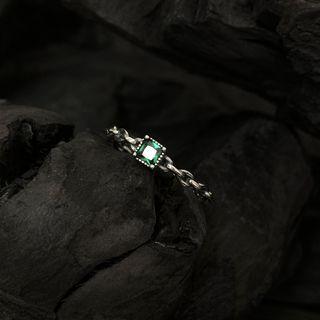 Rhinestone Sterling Silver Open Ring J2608 - 1pc - Silver & Green - One Size