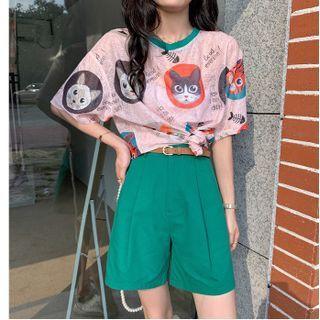 Silk Short-sleeve Print Wide Cat Top