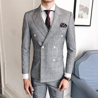 Suit Set: Double-breasted Plaid Blazer + Vest + Dress Pants