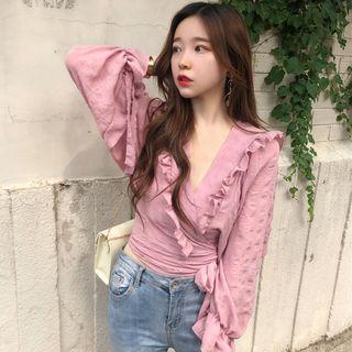 Lantern-sleeve V-neck Tie-waist Chiffon Blouse