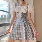 Mock Two-piece Puff-sleeve Lace-up Plaid Mini A-line Dress