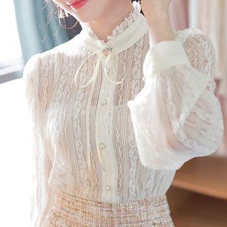 Frill-neck Lace Blouse With Brooch