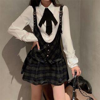 Long-sleeve Tie-neck Shirt / Plaid Mini A-line Suspender Skirt
