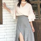 Flounced 3/4 Sleeve Chiffon Top / Side-slit A-line Skirt