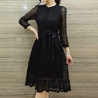 Ruffle Hem 3/4 Sleeve Midi Lace Dress