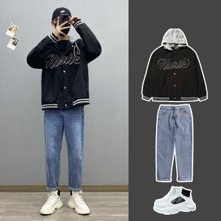 Lettering Loose-fit Hooded Jacket / Long-sleeve Two-tone Lettering T-shirt / Straight Leg Jeans