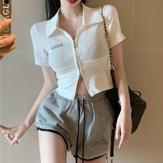 Short-sleeve Collar Lettering Zip-up Crop Top / Sweatshorts