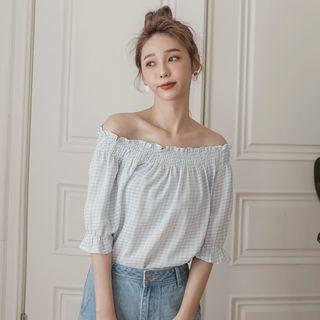 Elbow-sleeve Off-shoulder Plaid Blouse Light Blue - One Size