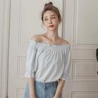 Elbow-sleeve Off-shoulder Plaid Blouse Light Blue - One Size