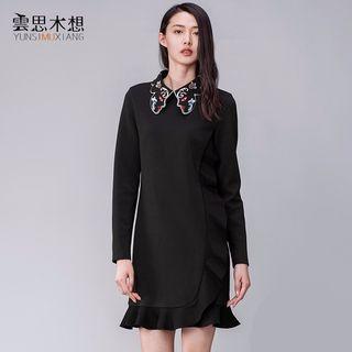 Long-sleeve Ruffle Trim Collared Dress
