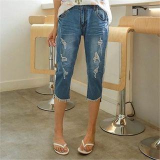 Band-waist Distressed Cropped Jeans