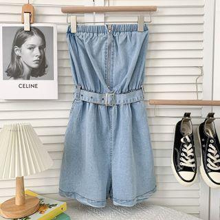Half-zipper Denim Tube Playsuit With Belt